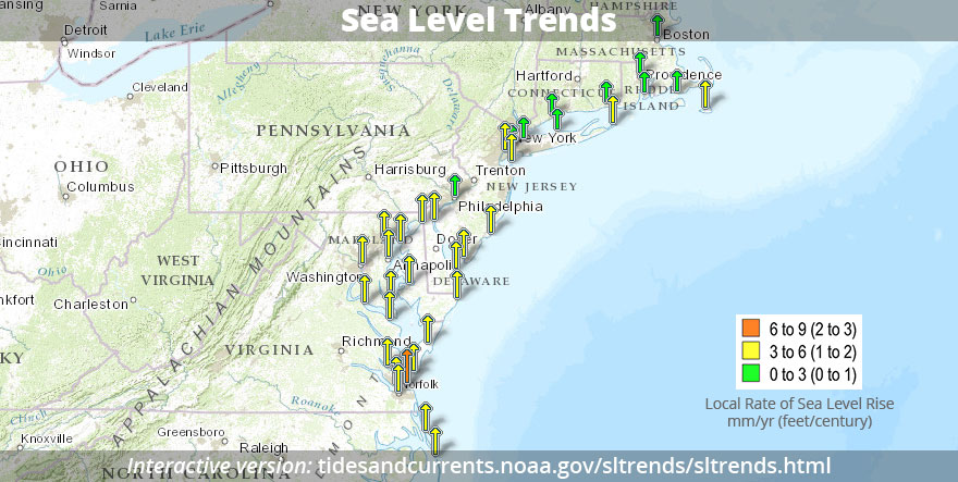 Observed local trends in sea level based on tide station measurements (NOAA) 